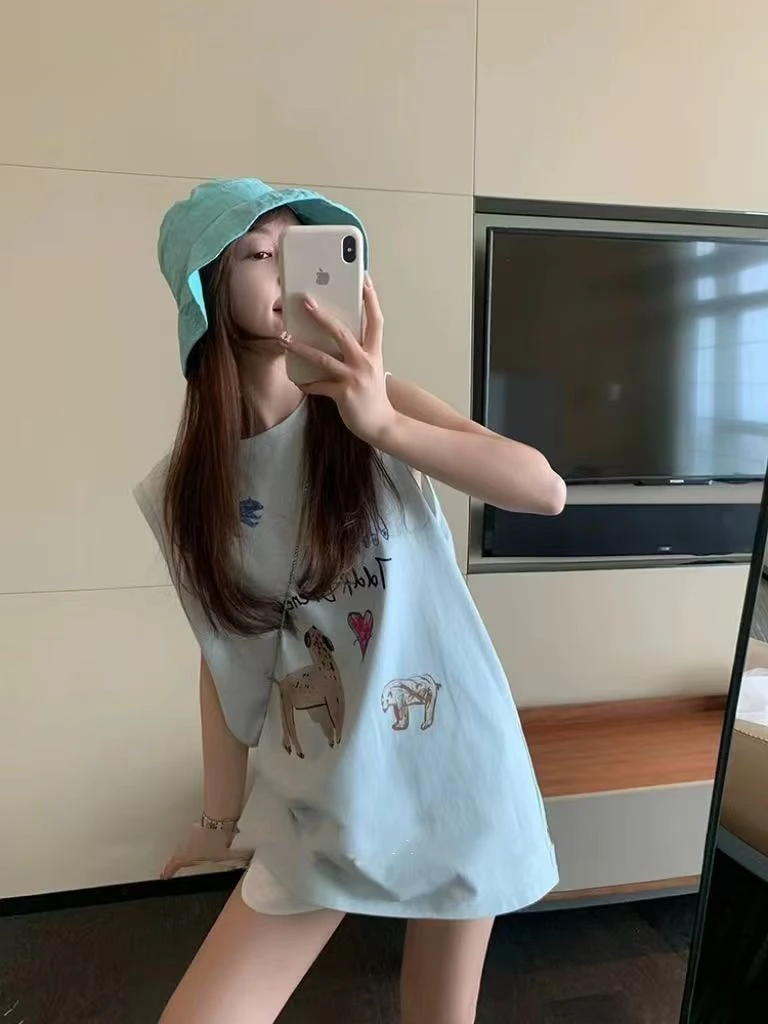 背心运动抗起球ins宽松型印花T恤短袖无袖韩版圆领 26791