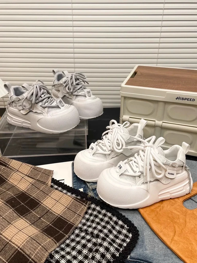 透气网面大头丑萌面包鞋女水钻系带松糕厚底增高显瘦休闲板鞋