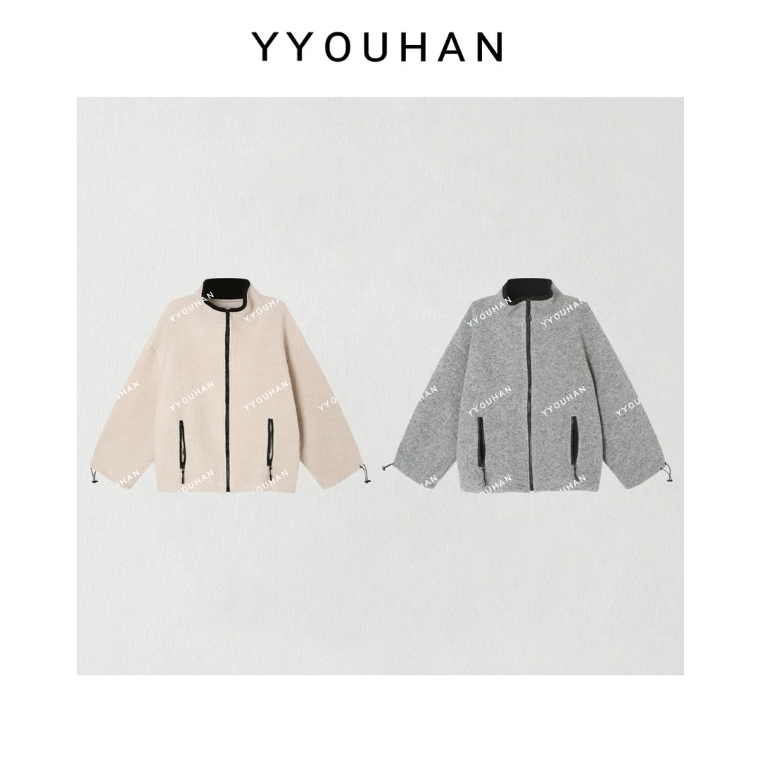 月月 2025秋冬新款小众设计极简撞色门襟立领毛毛外套 2511C7782