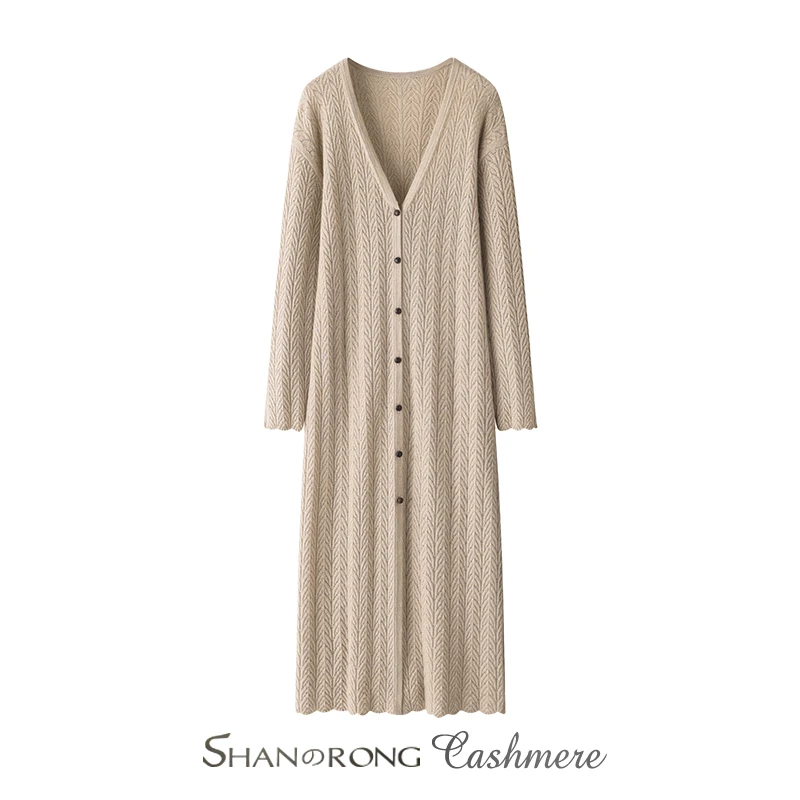 2025早春新品100%纯山羊绒V领长袖中长款开衫单排扣外搭气质毛衣