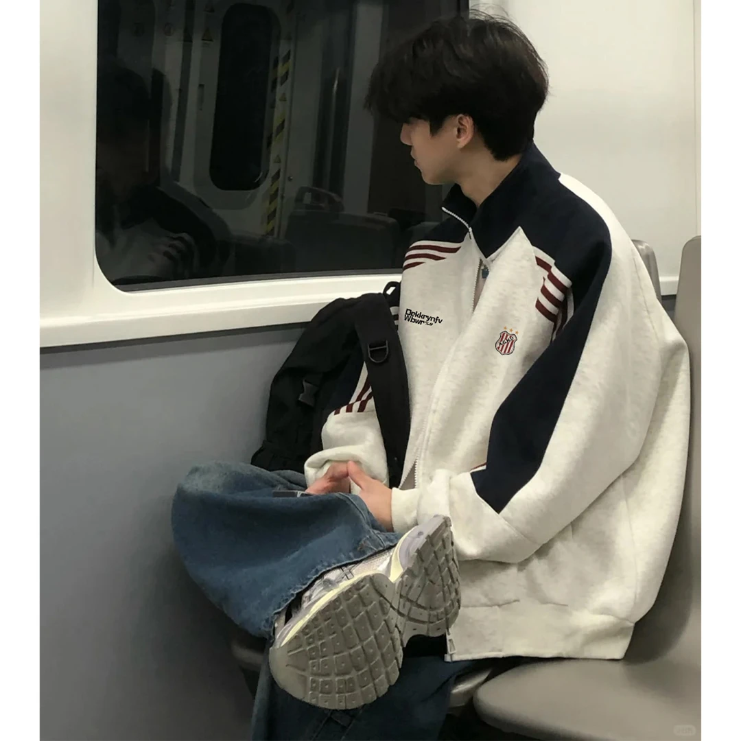 美式个性盾标字母印花立领拼接三条杠开衫外套男女秋冬季休闲卫衣