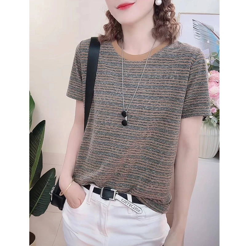 2025年夏季条纹短袖T恤女圆领显瘦洋气休闲打底衫上衣 205A-0416