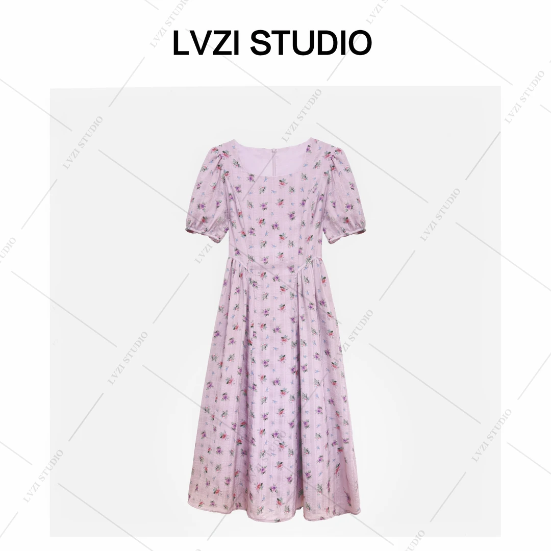 【浪漫归途】方领碎花独佳版型遮肉显瘦紫色韵味连衣裙