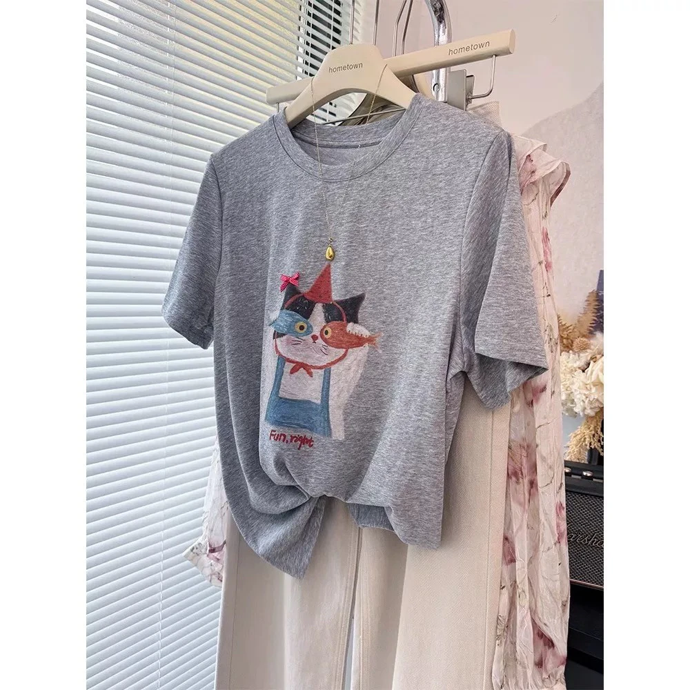 1264新款舒适百搭印花猫咪图案短袖T恤