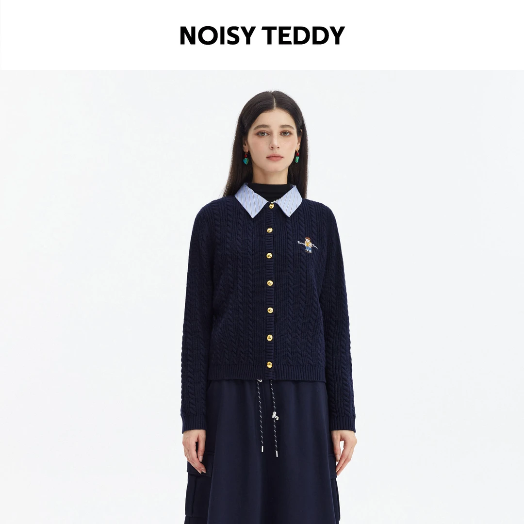 NOISY TEDDY小熊刺绣POLO领针织开衫假两件撞色秋冬毛衣外套女