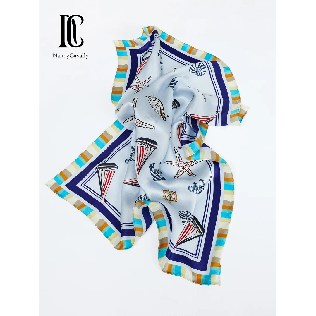 NancyCavally专柜款高品质6A级14MM素皱缎 夏日航海印花真丝丝巾