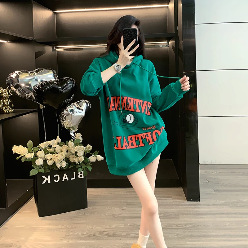宽松卫衣春秋包袖韩版秋季薄款大码上衣中长款时尚连帽长袖慵懒风