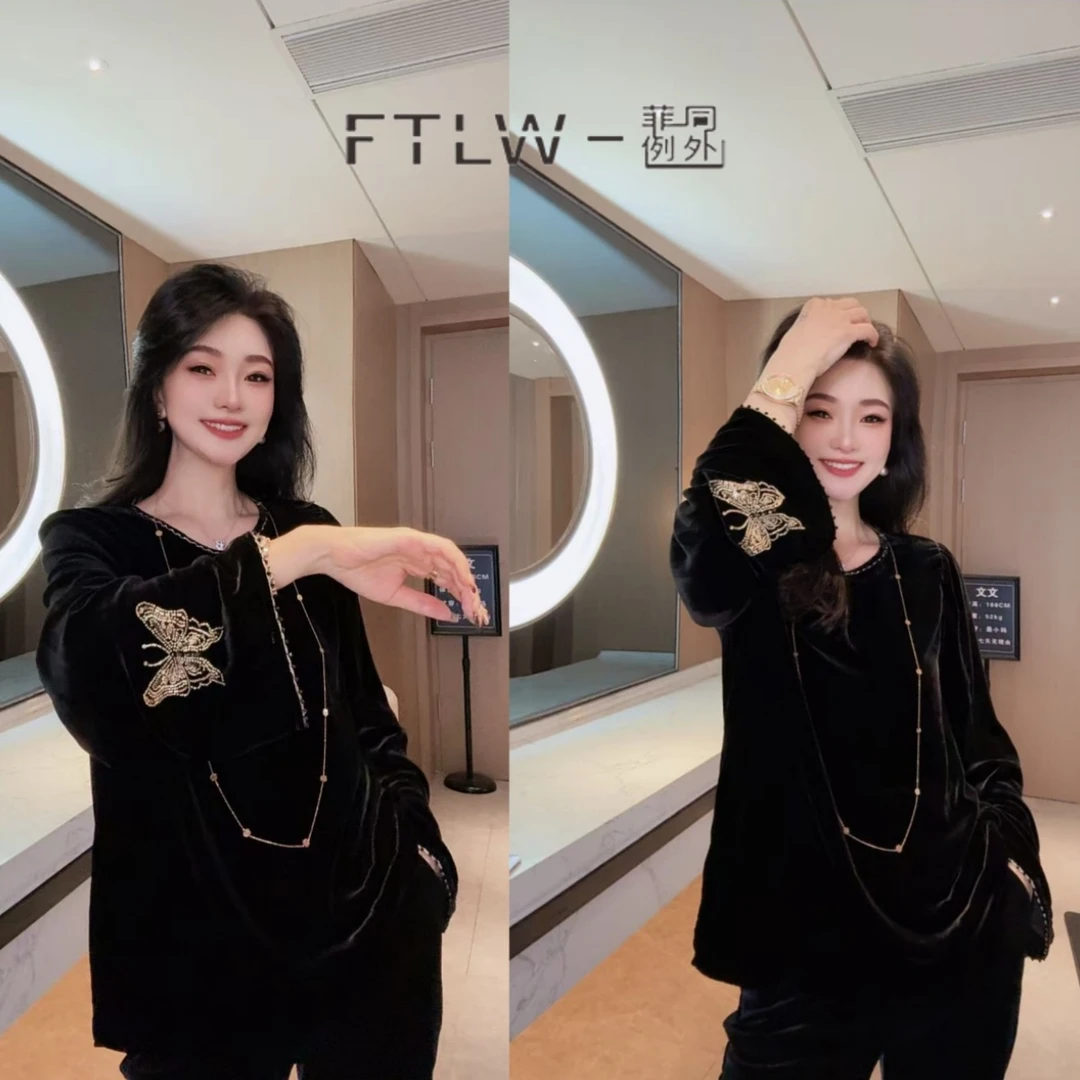 板熙FTLW-【凤蝶缭绕】桑蚕丝真丝丝绒上衣-3852