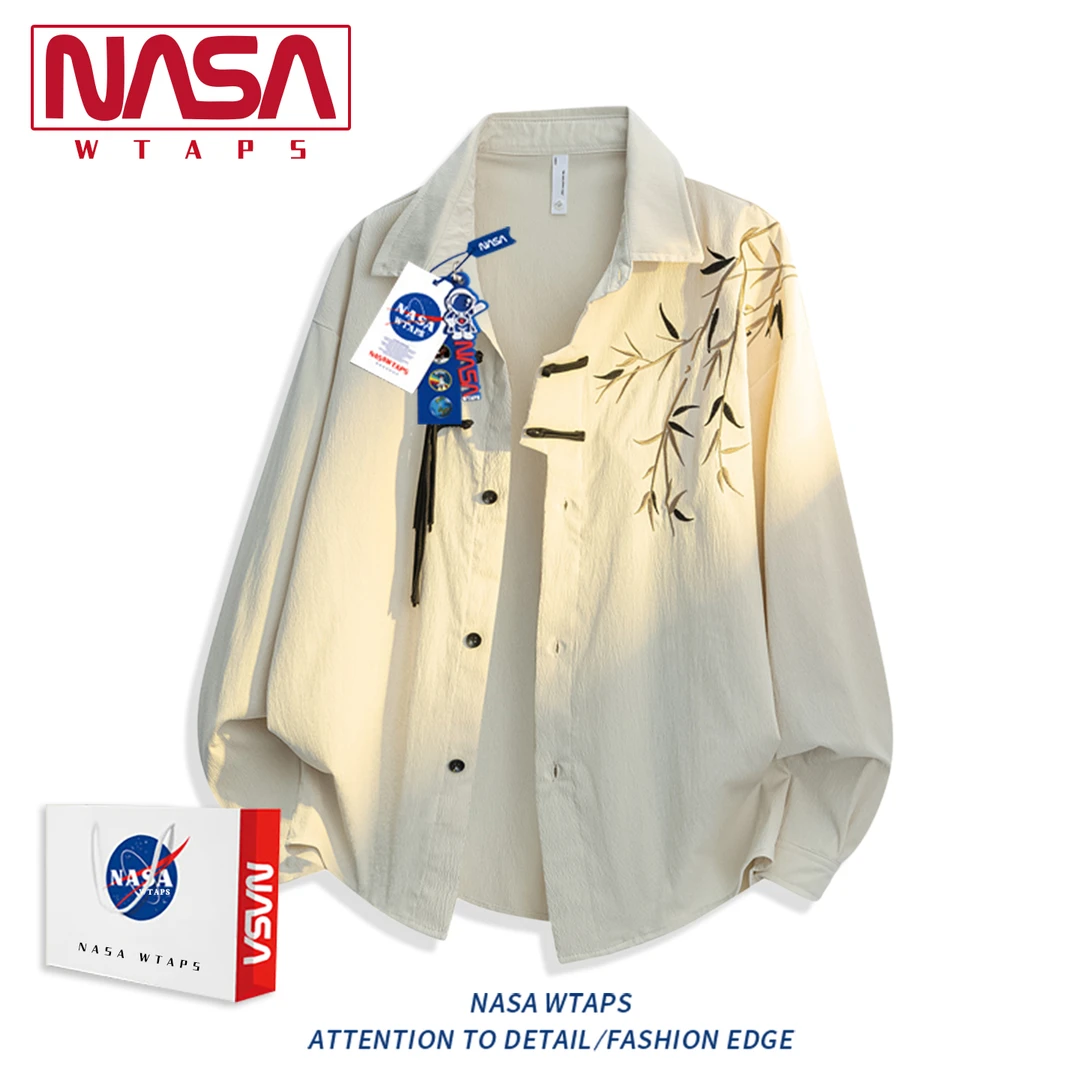 NASA WTAPS新中式国风竹子刺绣长袖衬衫男款秋季复古百搭上衣衬衫
