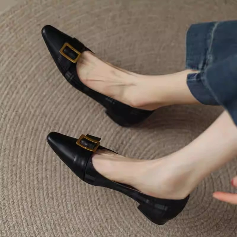2025春季新款方头单鞋女平底方扣百搭黑色真皮船鞋低跟瓢鞋女鞋潮