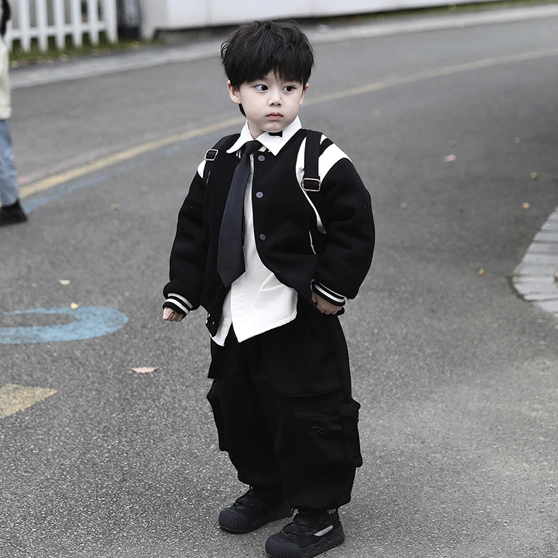 SUPER JIMMY【校园男主】冬季新款儿童黑白拼皮夹棉棒球服外套