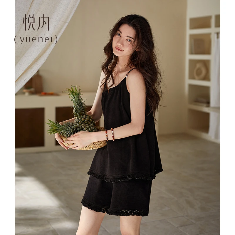 悦内带胸垫一体睡衣女夏季夏天纯棉吊带背心短裤家居服薄款两件套