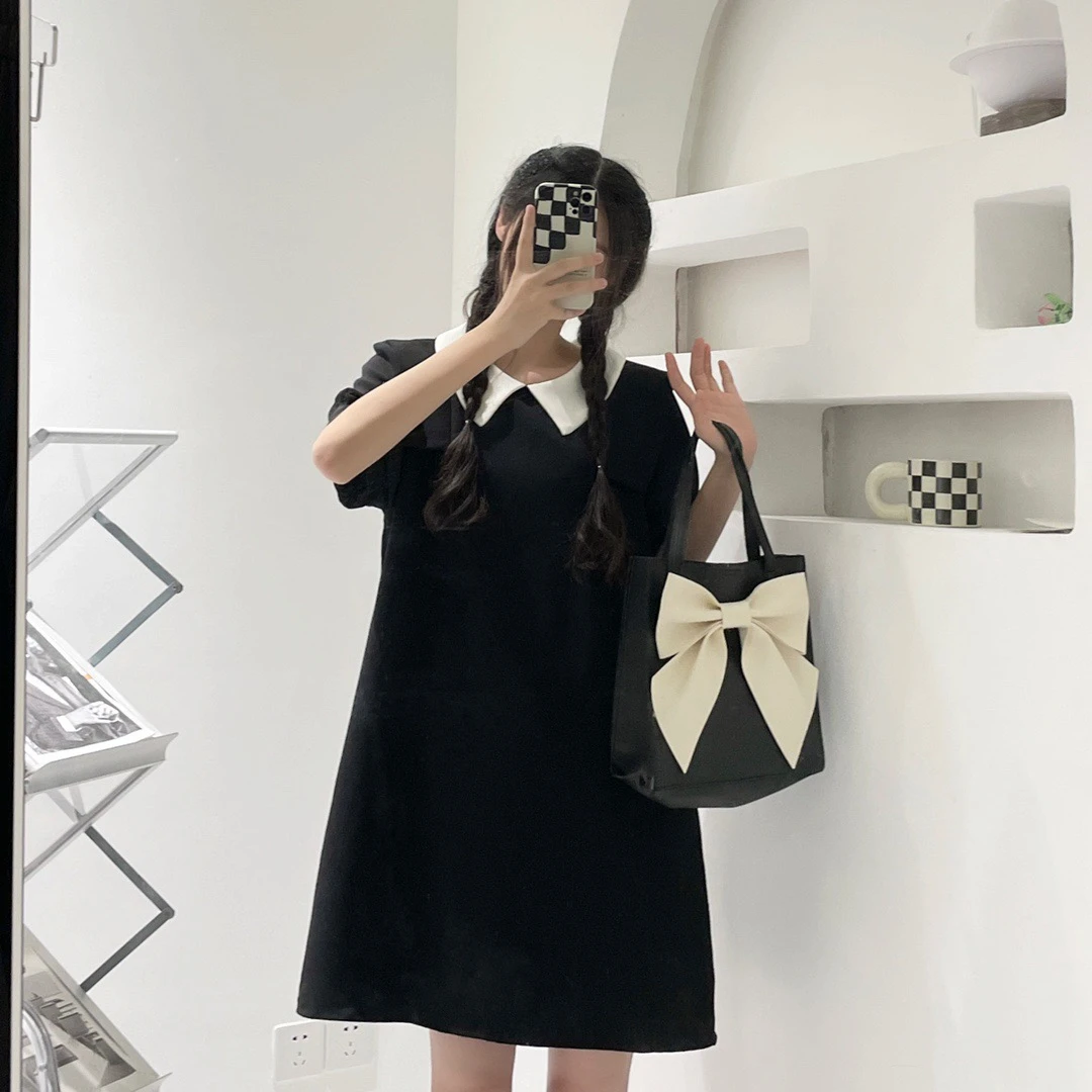 A4991小香翻领宽松百搭显瘦泡泡袖连衣裙不挑身材巨好看超显瘦连