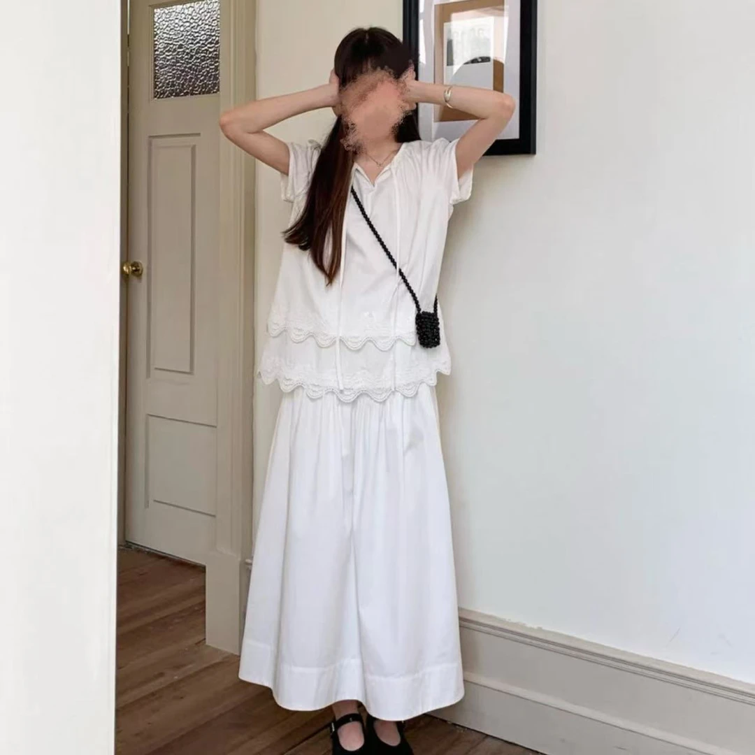 2025波浪镂空春日特惠层叠花边拼接法式小衫+半身裙7091