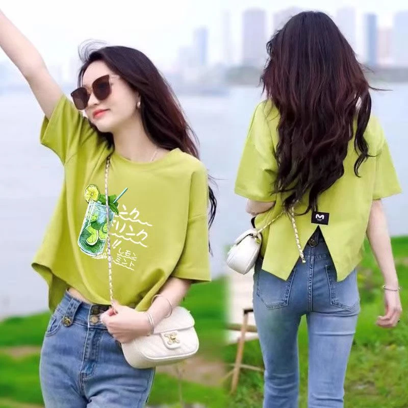 夏季新款时尚圆领后背开叉短袖T恤女百搭设计感洋气显瘦上衣