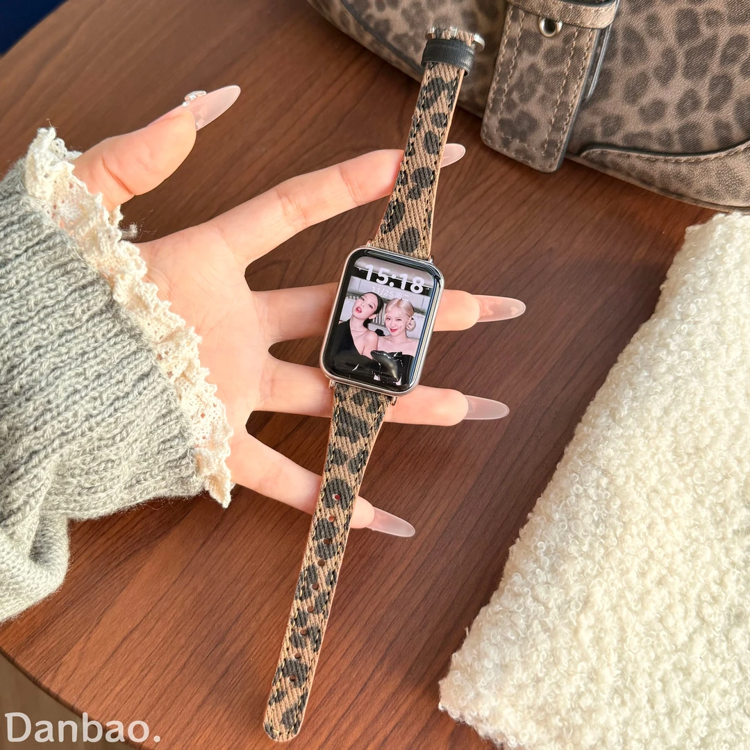 《小蛮腰豹纹皮带》适用于小米手环9pro表带红米watch6牛仔皮质腕带
