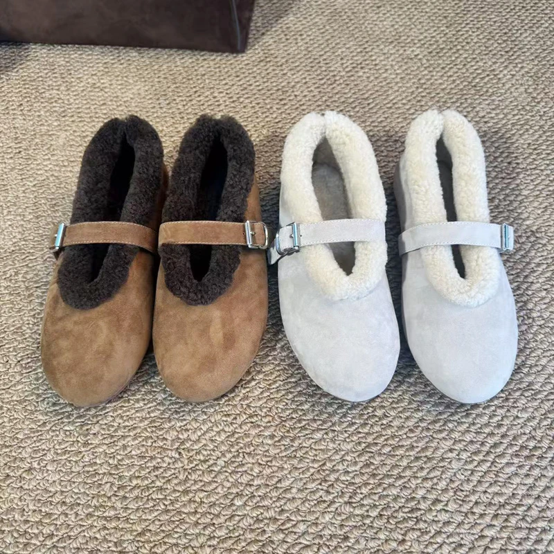一字式扣带加绒保暖浅口低跟纯色单鞋休闲风磨砂皮毛一体女鞋