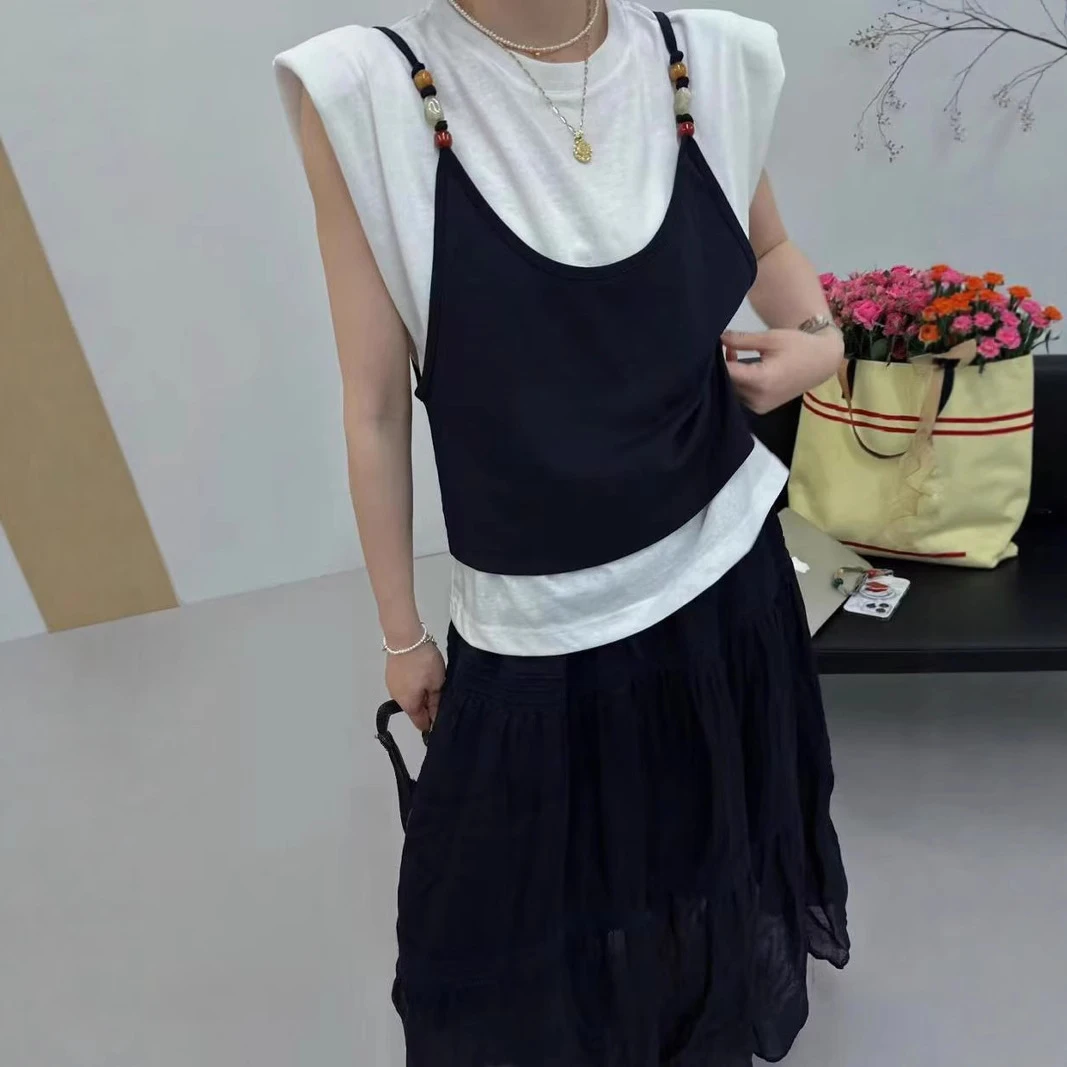 欧洲站2025夏季新款圆领复古串珠背心拼接撞色两件套无袖上衣 T恤