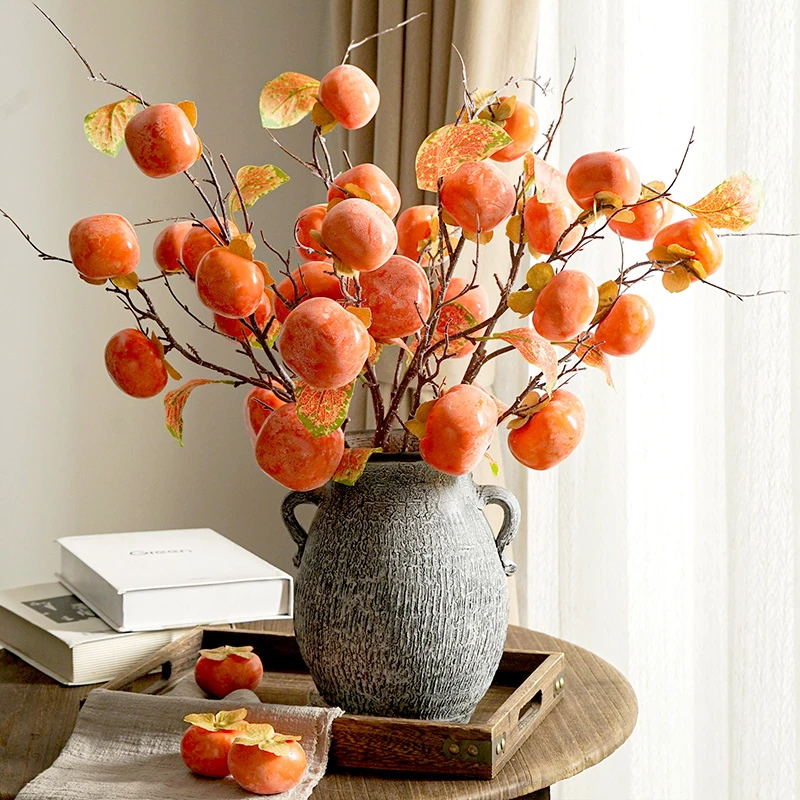仿真柿子果实树枝事事如意插花摆件高档年销花束客厅餐桌高级装饰
