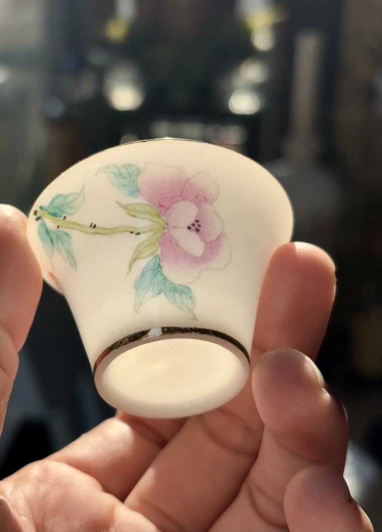 超薄胎粉色鲜花手绘潮州茶杯马蹄品茗杯家用简约30cc3个