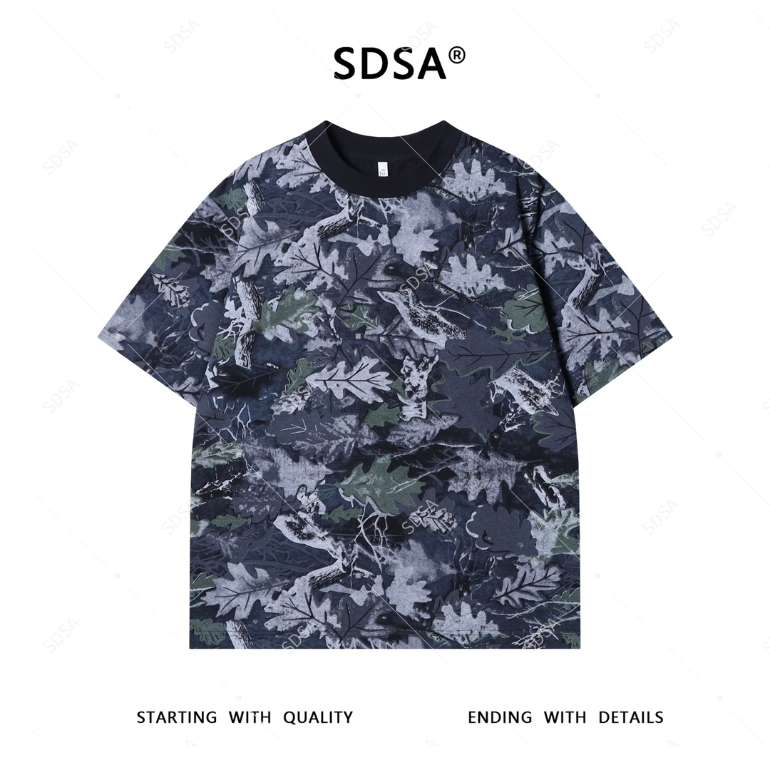 SDSA夏季新款男士痞帅潮流树叶印花圆领短袖T恤小众设计时尚百搭