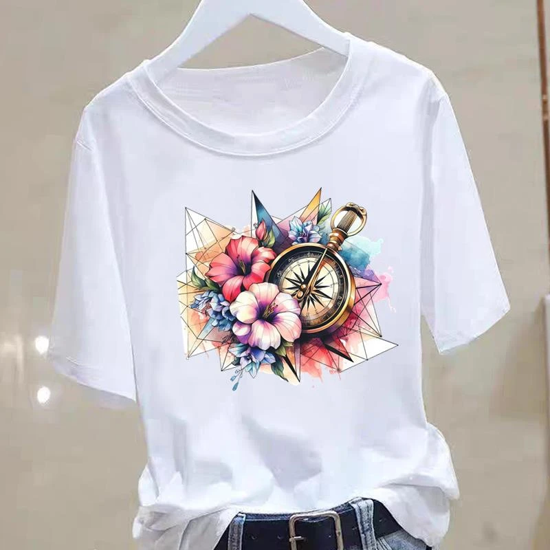 花卉可爱韩版休闲印花网红女夏季通勤外穿圆领洋气insT恤短袖T恤