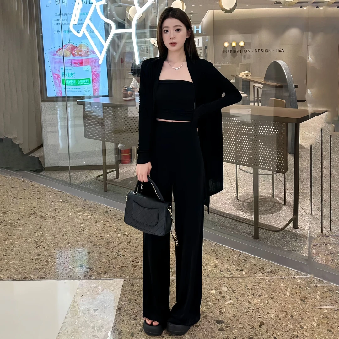 新夏三件套抹胸防晒开衫阔腿裤露肩针织气质薄款背心两件套