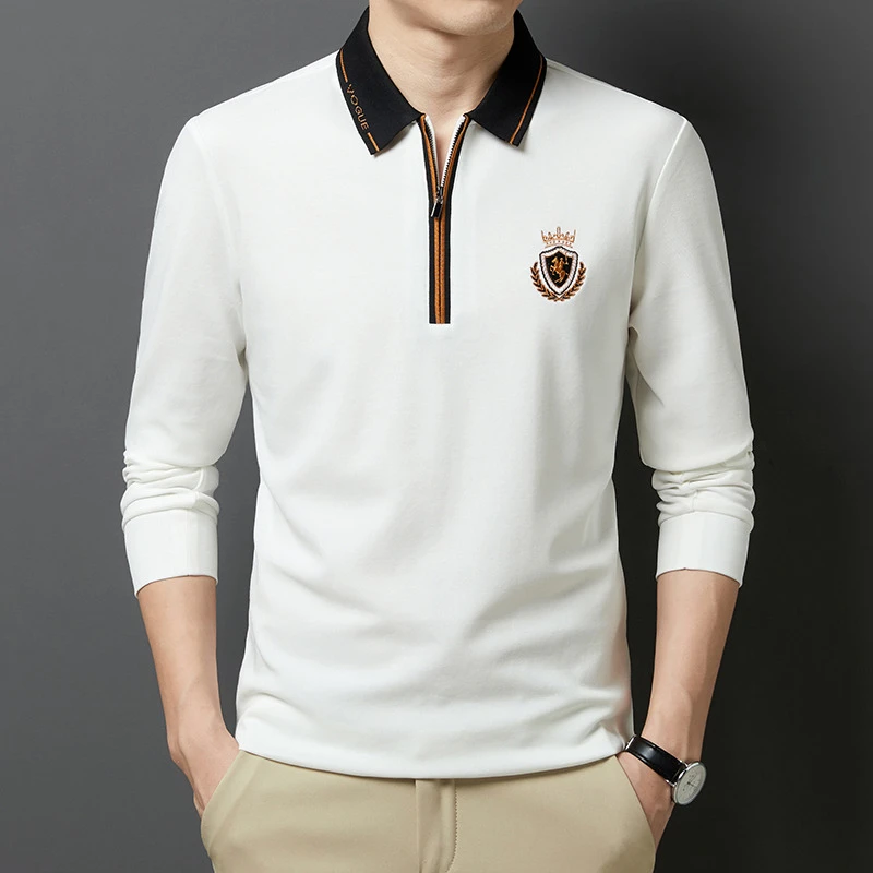 罗蒙直筒型长袖纯色春季Polo衫休闲翻领打底春季高档男装百搭