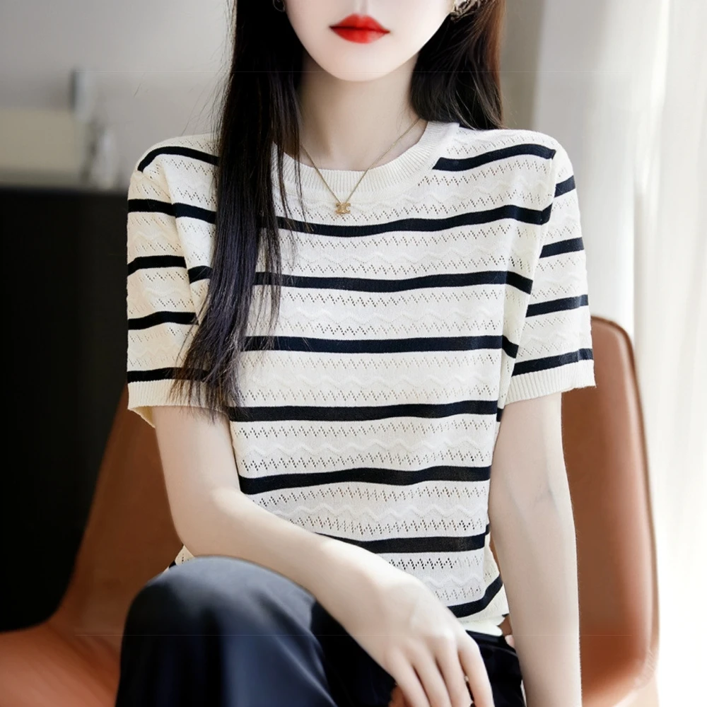 2025短袖彩虹夏季条纹洋气宽松冰丝爽显瘦镂空薄款时尚针织小衫