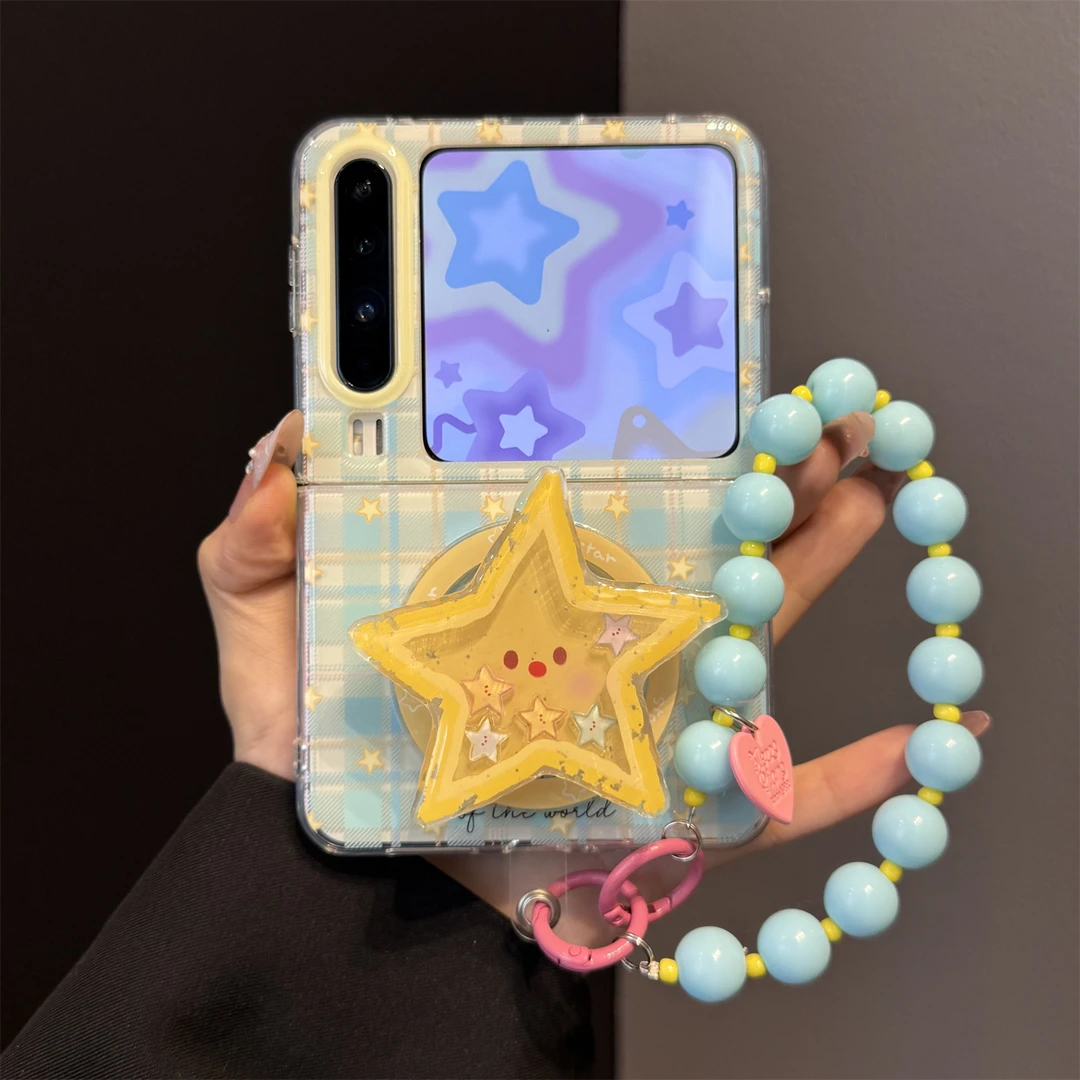 适用华为purax典藏版折叠屏手机壳PuraX蓝格纹星星磁吸支架链条女