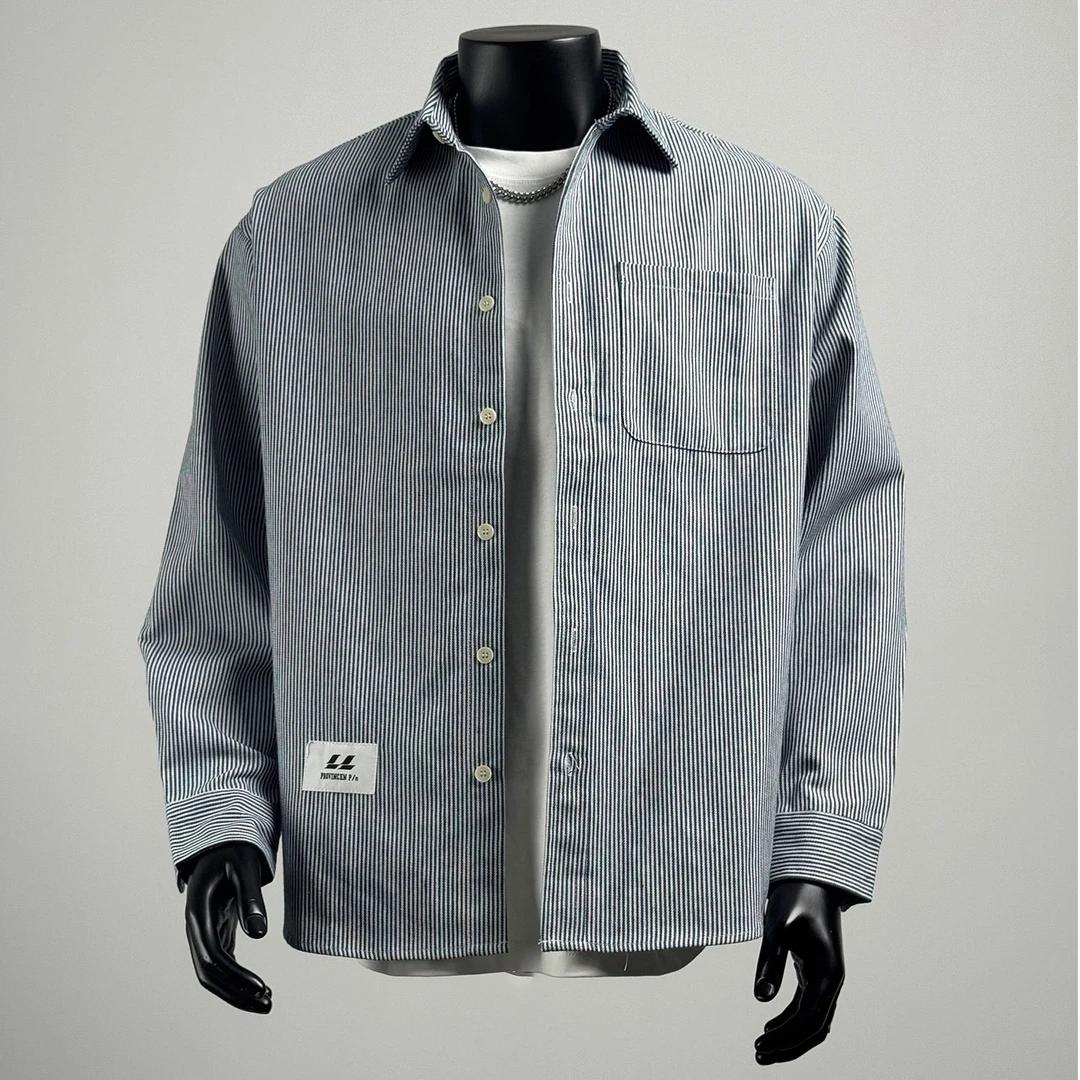 ohmmayby美式简约竖条纹长袖衬衫男秋季印花潮牌外套休闲百搭衬衣