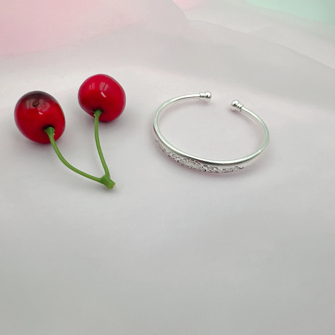 足银手镯 银9999复古宫廷牡丹花开口手镯文艺高级感时尚百搭轻奢