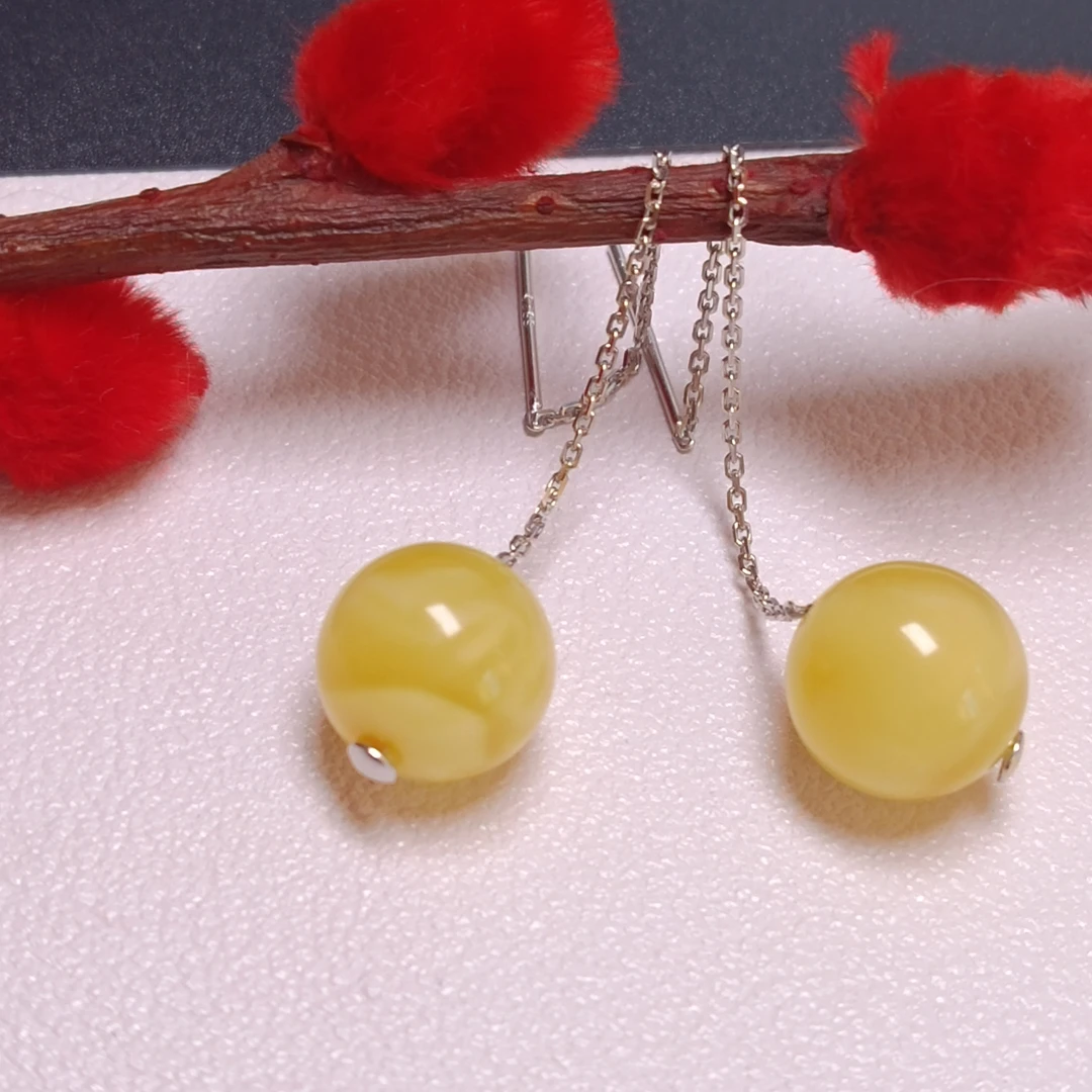 俄料蜜蜡鸡油黄溶洞妖花10+珠经镶嵌耳线（福利款，天然无优化）