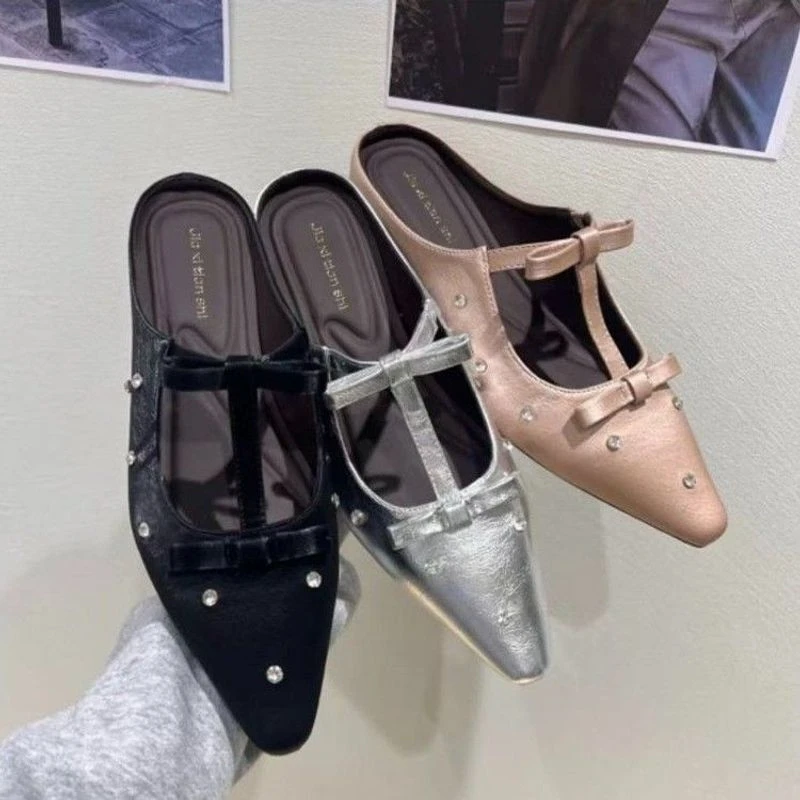 法式尖头水钻双蝴蝶结单鞋女2025新款时尚内增高半拖鞋银色穆勒鞋