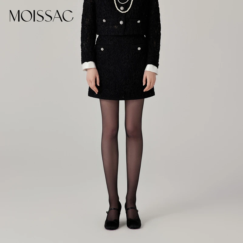 MOISSAC摩萨克秋小香风花朵黑色蕾丝网纱半身短裙女MWEQ20207