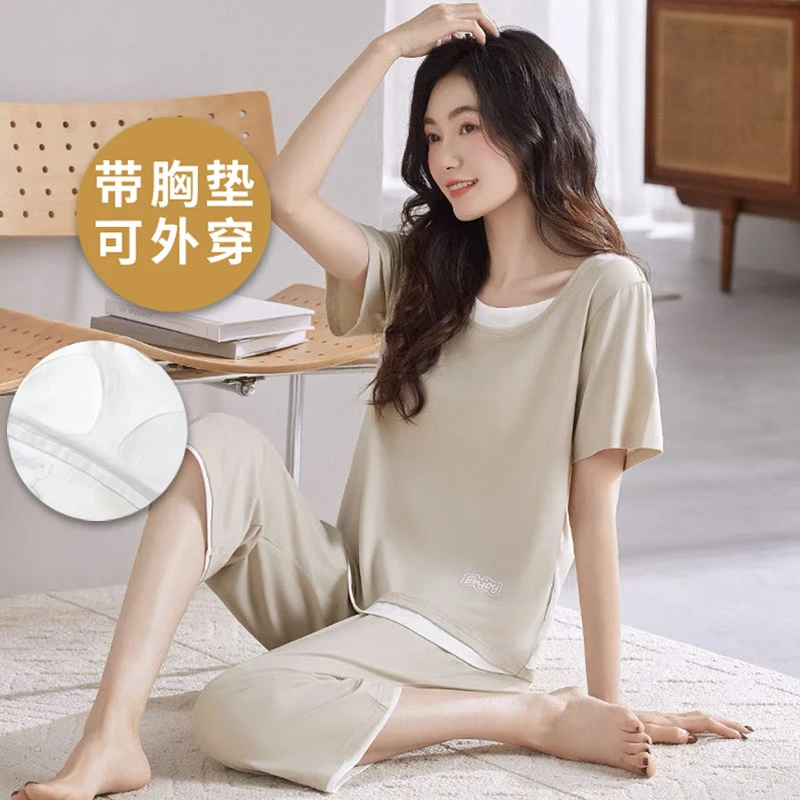 睡衣女夏季莫代尔短袖七分裤薄款夏天冰丝夏款高级感假两件家居服