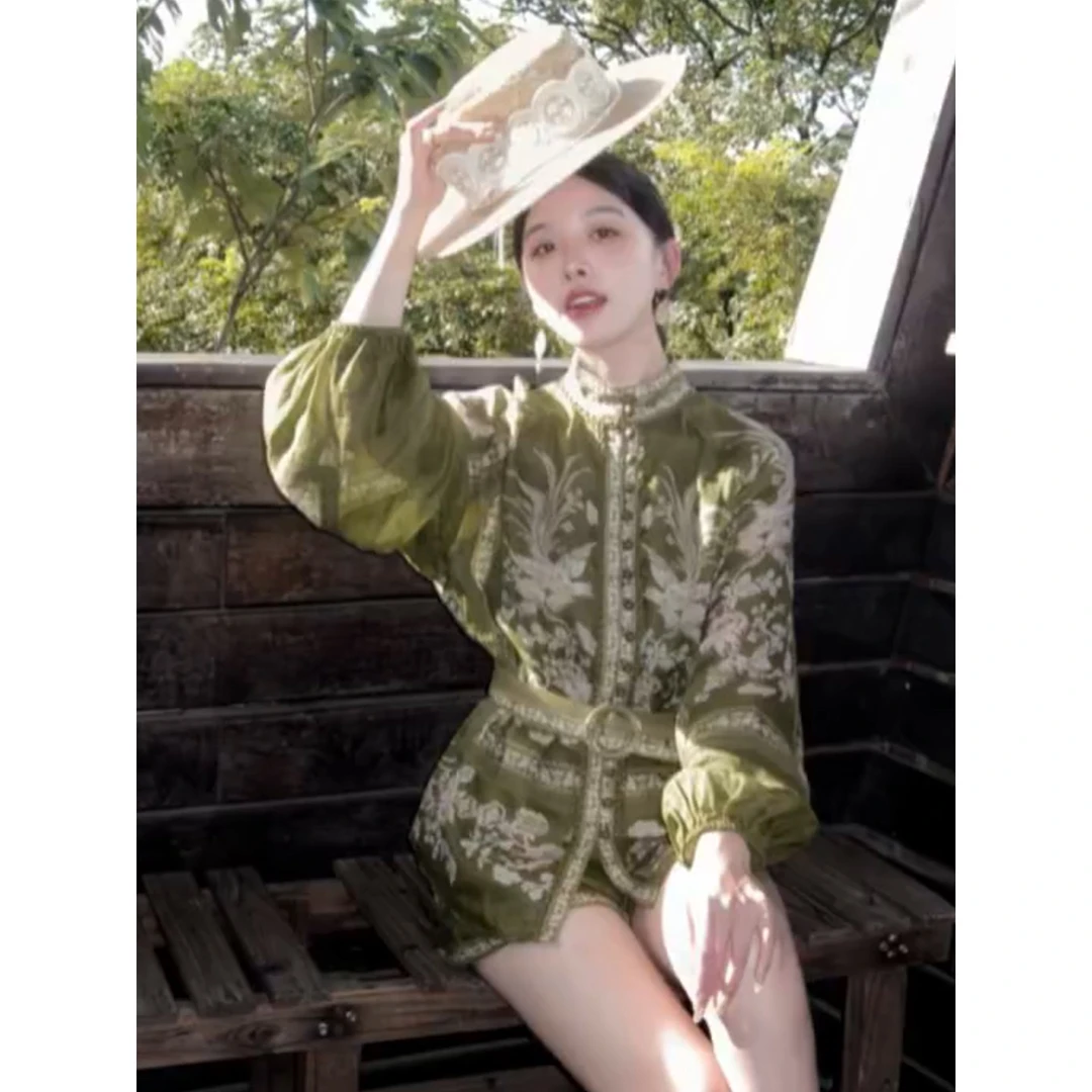 姐系贵感穿搭高级感巨好看波西米亚度假风绿色亚麻印花衬衫套装秋