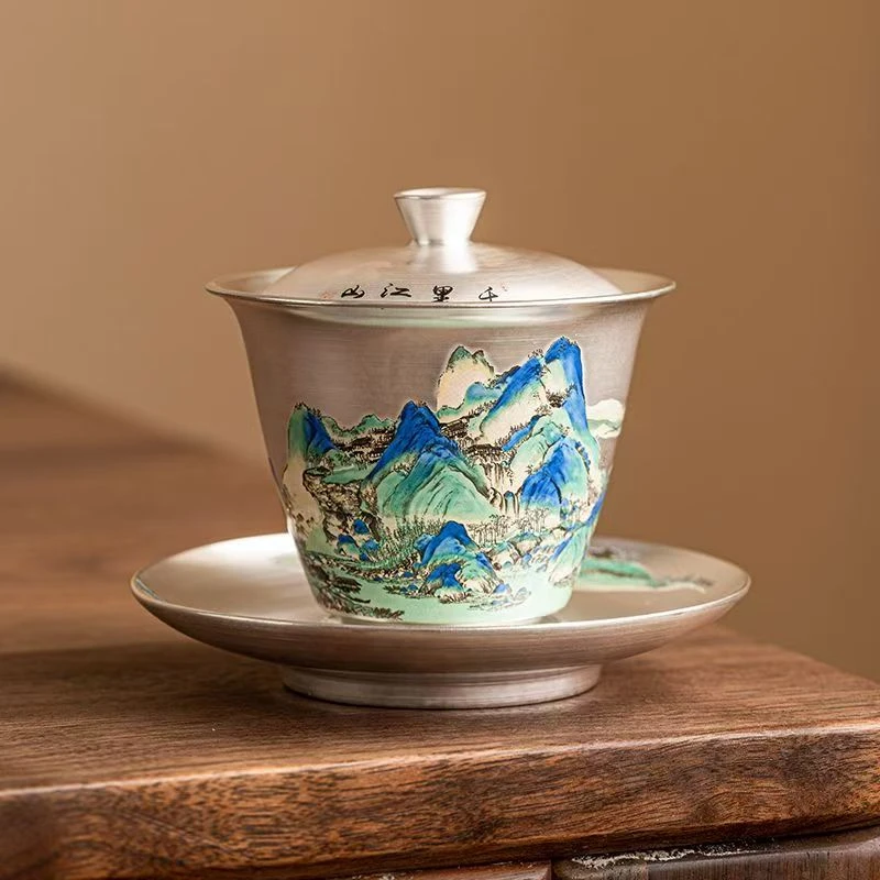 千里江山999银盖碗茶杯套装 新中式高档功夫茶具1027