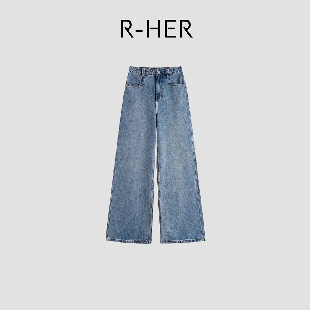 R-HER【旧蓝漫曳】新款泛白立体宽松阔腿复古高腰牛仔裤RK25092804