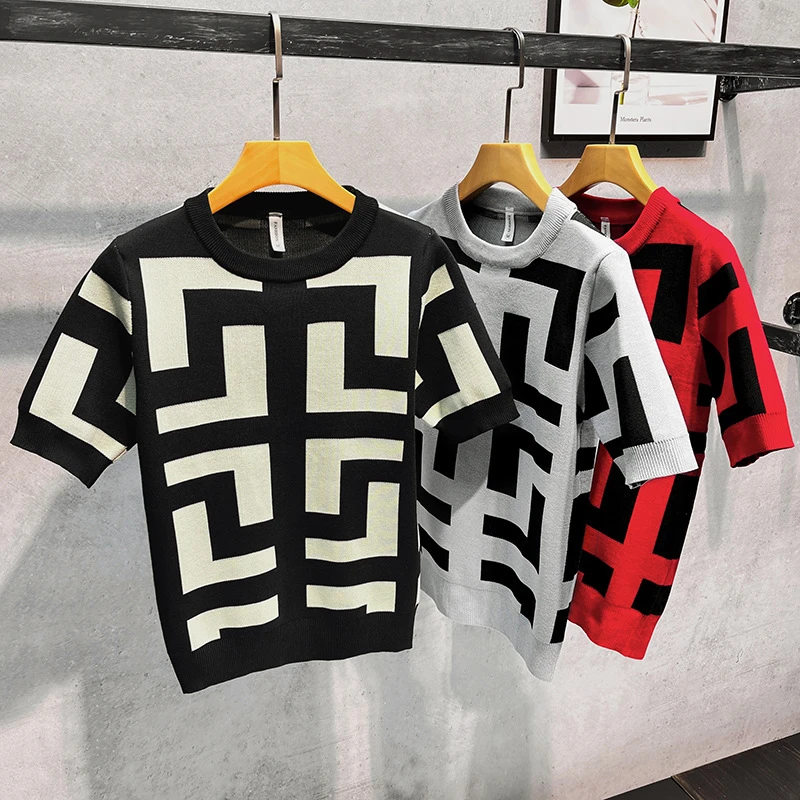 潮牌网红同款圆领修身半袖针织衫男韩板潮流显瘦短袖毛衣打底衫潮