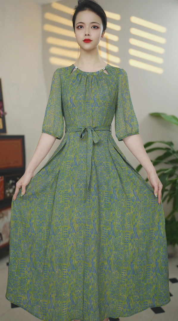 【杭州西湖专柜】高档连衣裙减龄显瘦女装中长裙2025年夏季轻奢洋气