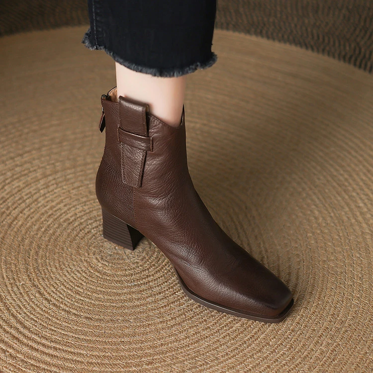 5cm 英伦风通勤休闲百搭粗跟短靴秋冬法式复古简约时尚方头瘦瘦靴