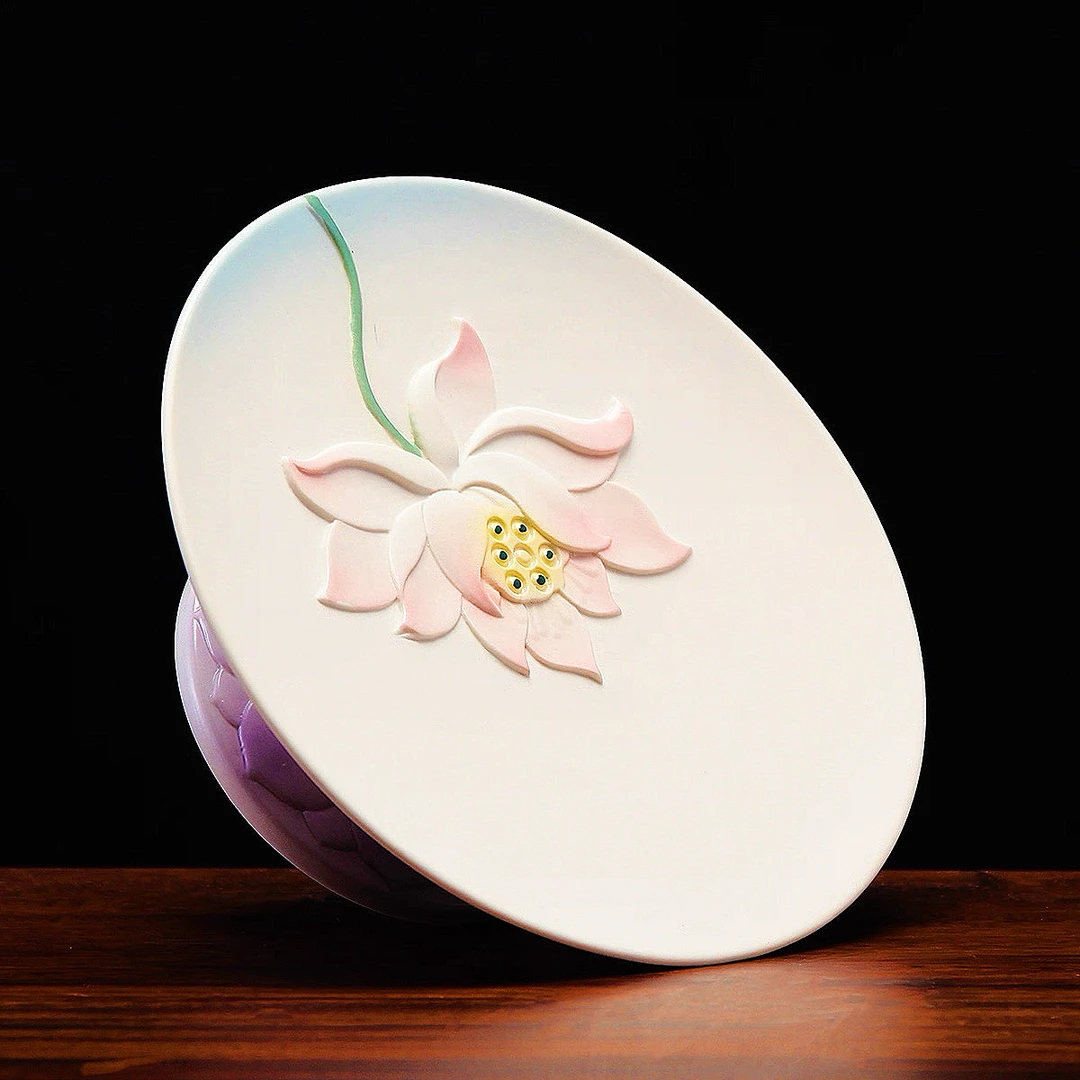 莲花高脚陶瓷荷叶果盘佛具用品家用壶承贡品盘摆件工艺饰品