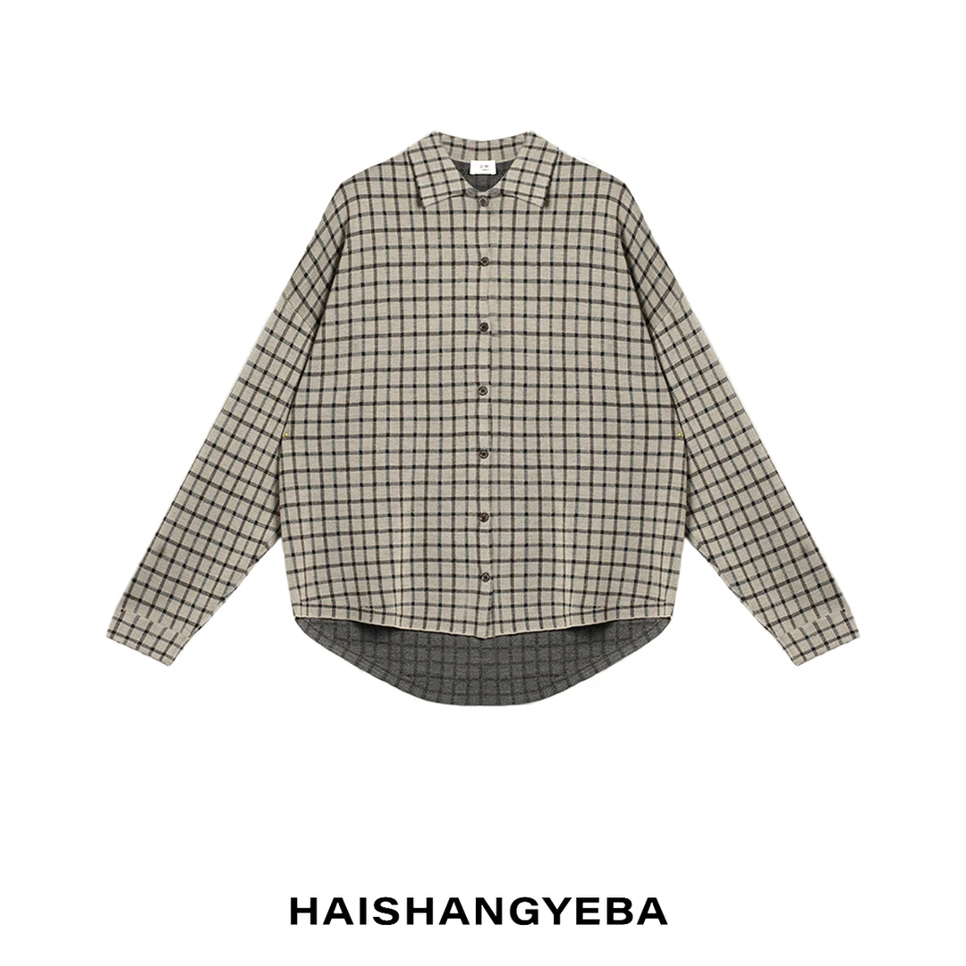 【海上叶爸】新款2025秋冬百搭绵羊毛翻领格子休闲长袖衬衫