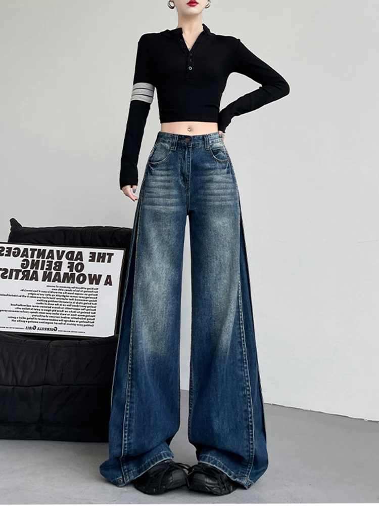 微胖mm复古显瘦宽松垂感牛仔裤女2025春季新款美式宽松拼接阔腿裤