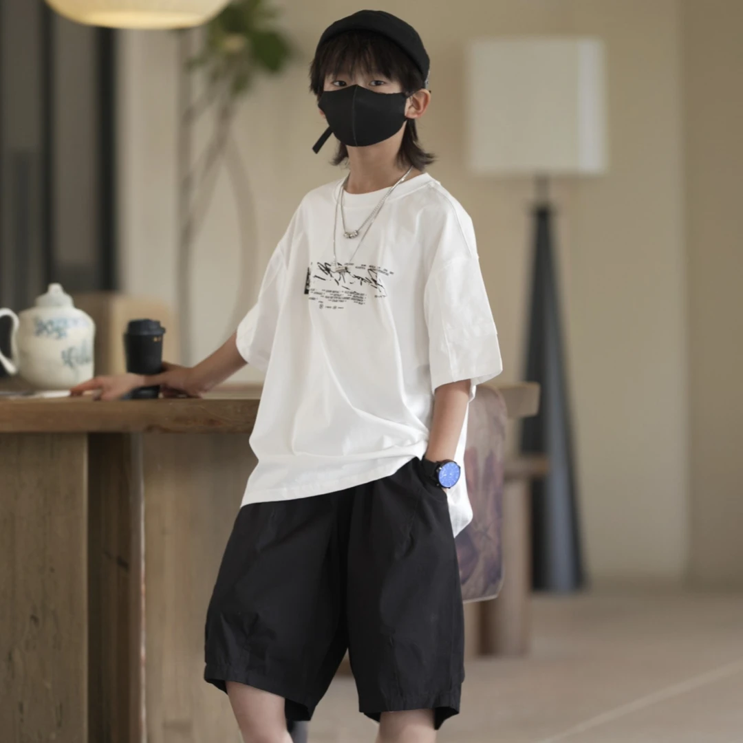 【刘刘妈】男童夏款套装2025新款时髦工装短裤儿童装夏季短袖T恤