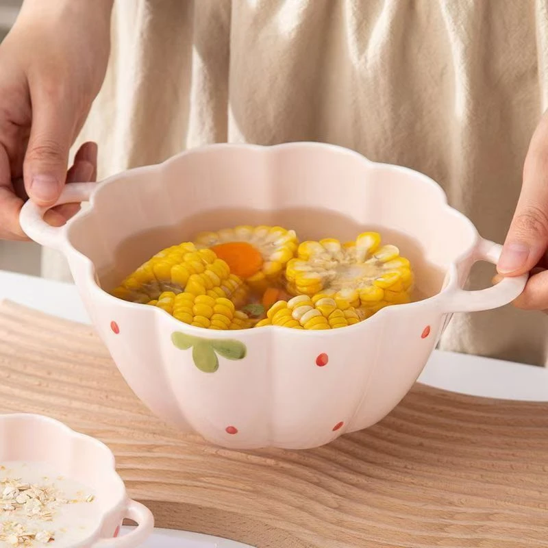 双耳汤碗草莓粉色系大容量螺蛳粉碗家用大汤碗宿舍专用泡面碗