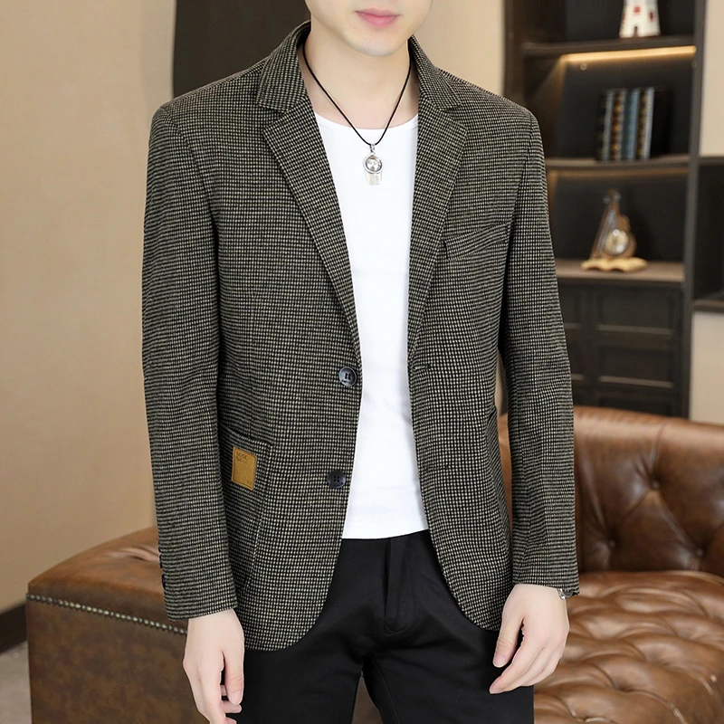 千鸟格西装男外套春秋季韩版潮流修身小西服男士帅气休闲单西上衣