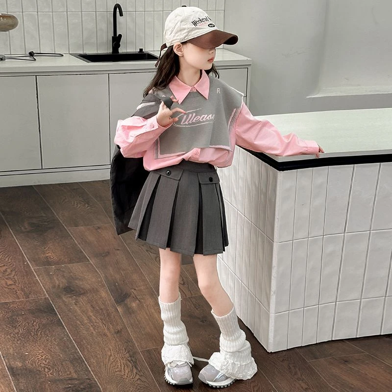 女童学院风披肩马甲三件套春秋新款中大童韩版衬衫百褶裙套装