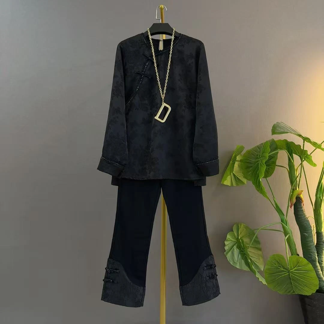 薄款提花长袖常规款斜襟新中式国风复古上衣赫本风立领大码女装